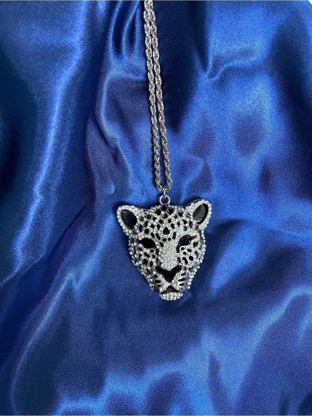 Crystal Leopard Pendant Necklace - Silver & Black